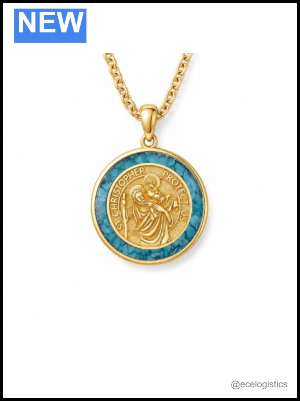 St Christopher Necklace 14K Gold Plated Turquoise Pendant Religious Jewelry